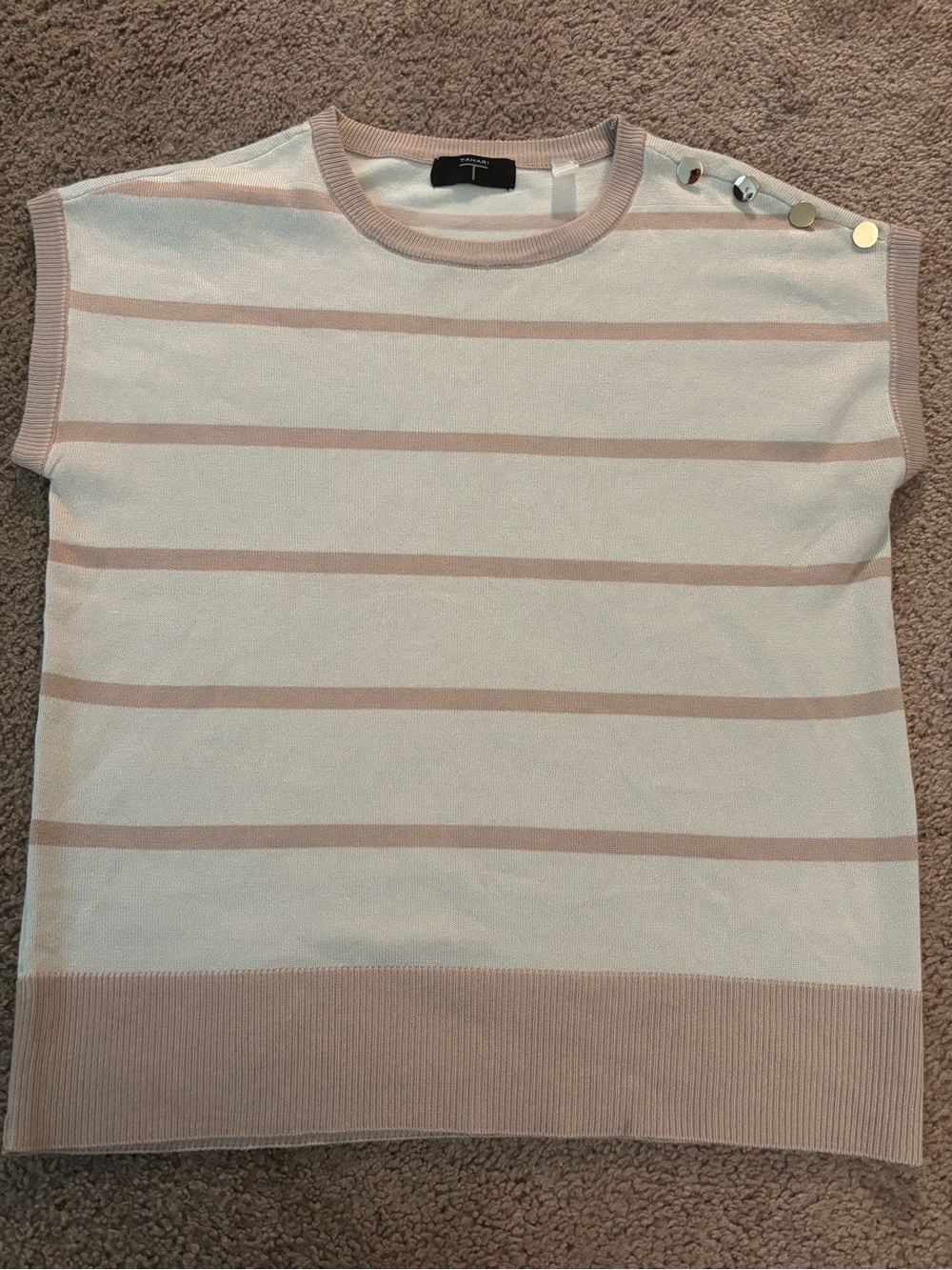 Tahari Cream and Light Pink Striped Sleeveless Knit Top with Shoulder Buttons